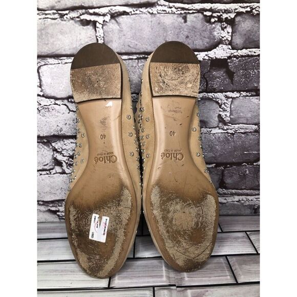 Chloe Beige Suede Leather Scalloped Perforated Stud Ballet Flats Women Sz 40EU/9 - Picture 14 of 16